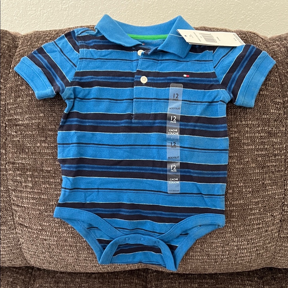 Tommy Hilfiger Navy and Blue Striped Baby Onesie